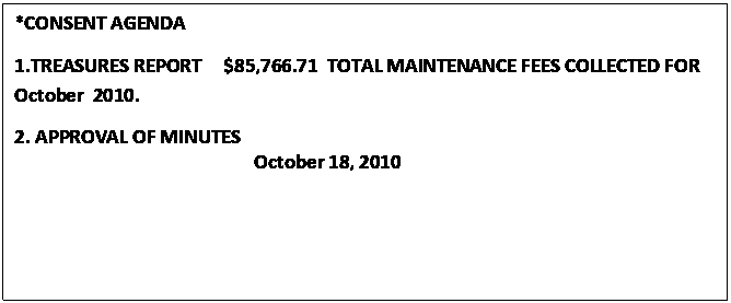 Text Box: *CONSENT AGENDA
1.TREASURES REPORT     $85,766.71  TOTAL MAINTENANCE FEES COLLECTED FOR               October  2010.
2. APPROVAL OF MINUTES
                                                    October 18, 2010                  
                                                  



					















                                                  
